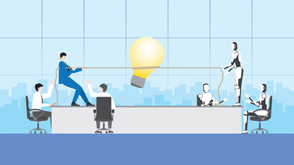 Human vs AI technology concept. People and cyborg pull a rope for a big light bulb in a meeting. Business idea competition, conflict, brainstorm, work hard, contest and fight over in office workplace.