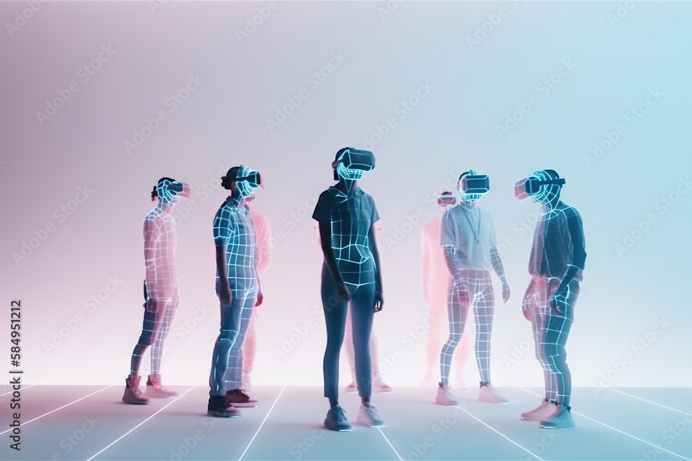 Poster A Group Of People Standing In A Line With Virtual Headsets Workshop Video Art Virtual Reality Generative AI 
