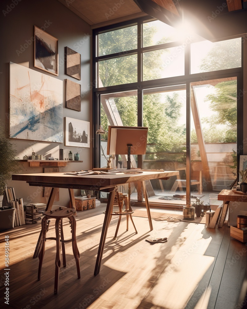 Poster a room with a desk and a large window with a view of the woods rustic cabin interior generative ai p