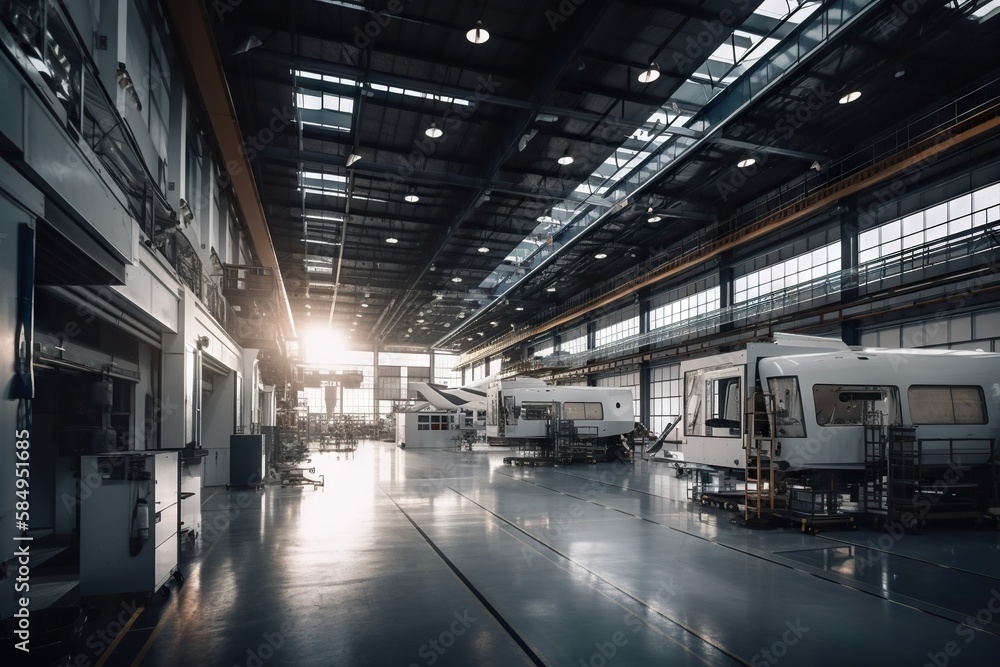Poster a large warehouse with many different types of vehicles in it and a sun shining through the windows 