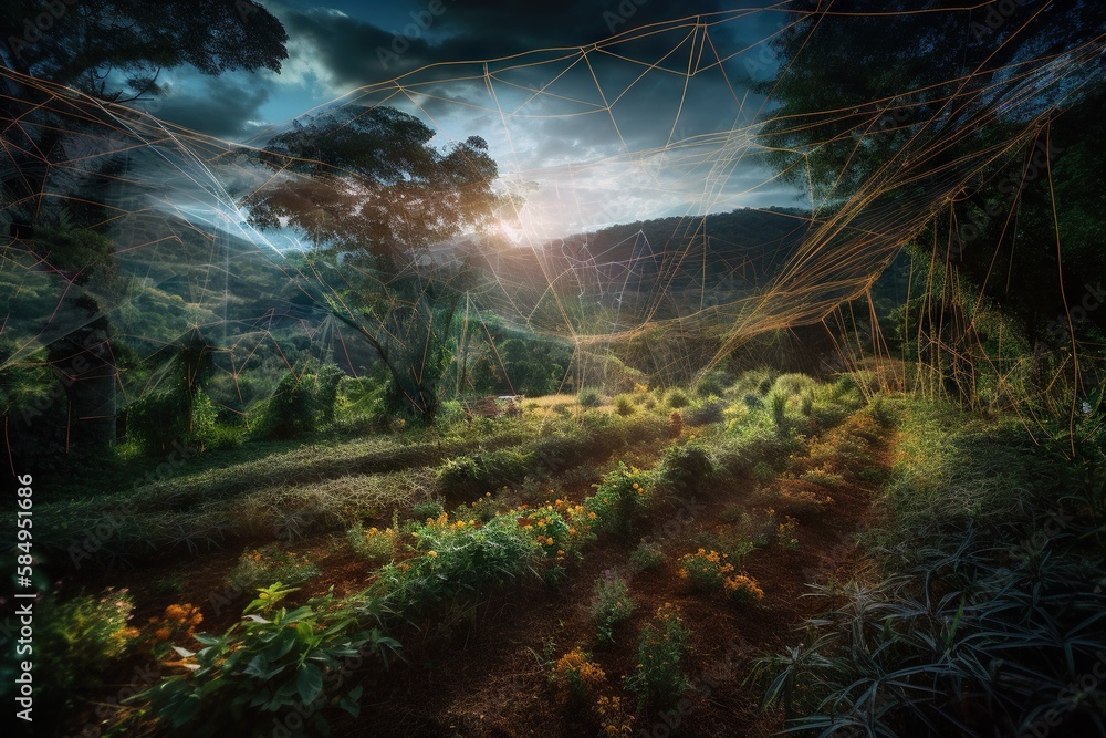 Poster a painting of a forest with a path going through it and a mountain in the background farm generative