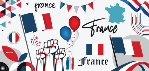 France national day banner design collection set. French flag theme graphic art background. Abstract celebration decoration icons, red white blue color. France map ribbon badge fists balloons vector.