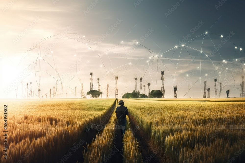 Poster a man walking through a field of wheat under a network of lights countryside wheat fields generative