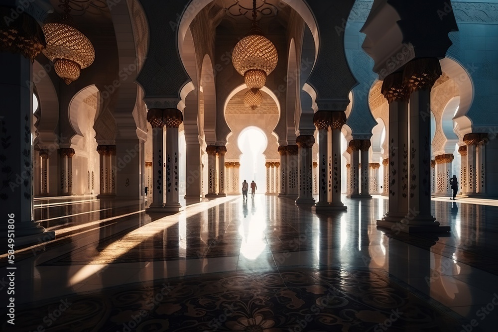 Poster A Hallway With Columns And Arches In A Building With A Light Coming Through Mosque Panoramic  Generative AI Photography Architectural Design