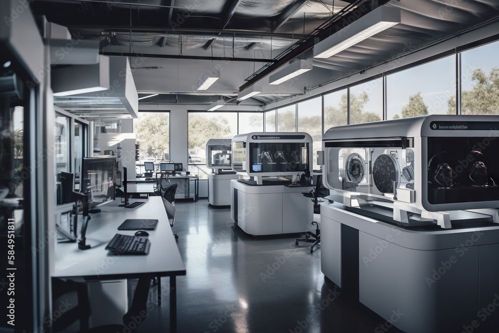 Poster a room with a lot of machines and tables in it and windows workshop panoramic photography generative