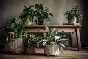 Metropolis. Philodendron and Chinese Evergreen tropical houseplants in basket flower pots on wooden tables. Generative AI