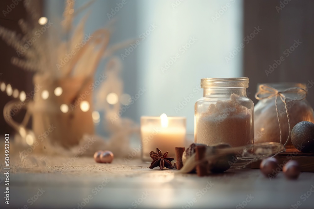 Poster a table topped with candles and other items next to a window rustic barn interior product generative