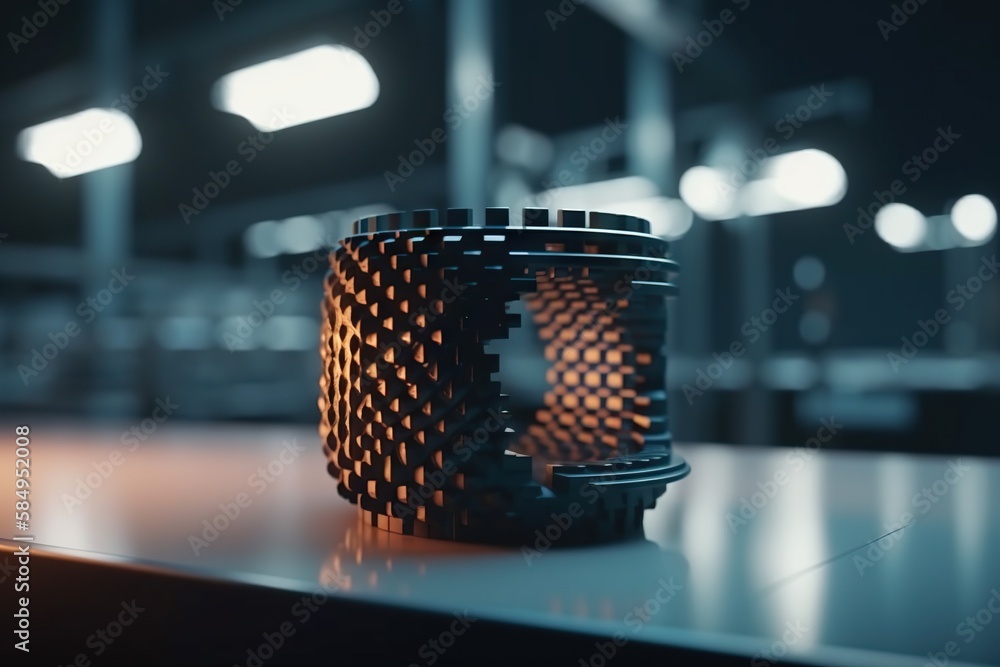 Poster a close up of a cup on a table in a room power plant kinetic art computer graphics generative ai