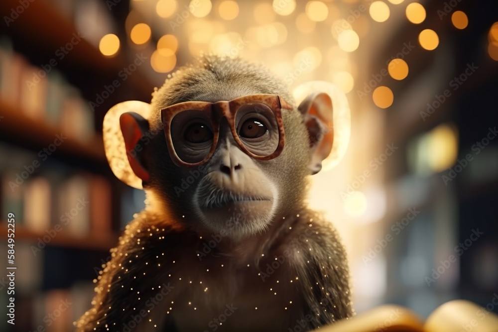 Aufkleber a monkey wearing glasses and reading a book in a library with lights in the background zoo generativ