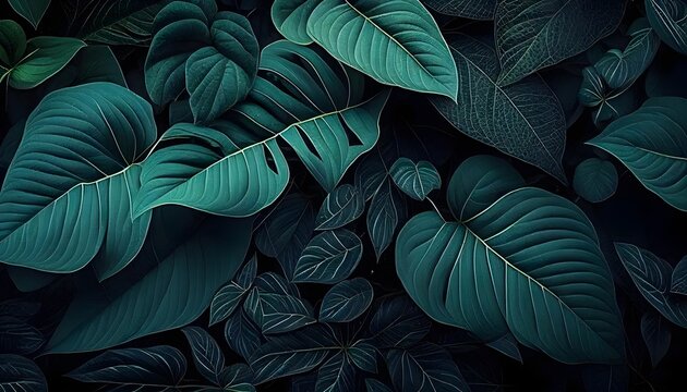 Tropical leaves closeup nature view, abstract green leaves dark nature concept of leaf in garden