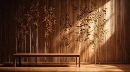 "Create a Tropical Oasis with our Soft and Beautiful Foliage - Featuring Bamboo Tree Leaf Shadow on Brown Wooden Panel Wall with Wood Grain - Perfect for Interior Design and Decoration - 3D Background