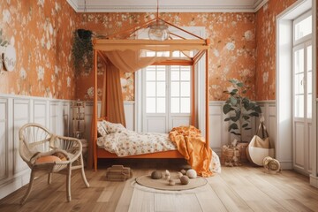 Orange beige farmhouse kids' bedroom. Wall mocked single bed. Wallpaper and parquet. Boho decor,. Generative AI