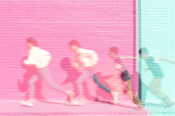 Double exposure of people running