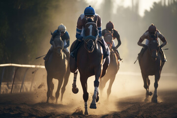 Fototapeta premium Horse racing at sunset. Silhouette of thoroughbred and jockey. Generative AI.