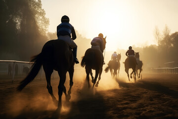 Horse racing at sunset. Silhouette of thoroughbred and jockey. Generative AI.