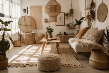 Beautiful zen living room with jute decorations, tripod floor lamp, and beige macrame on white wall. Generative AI