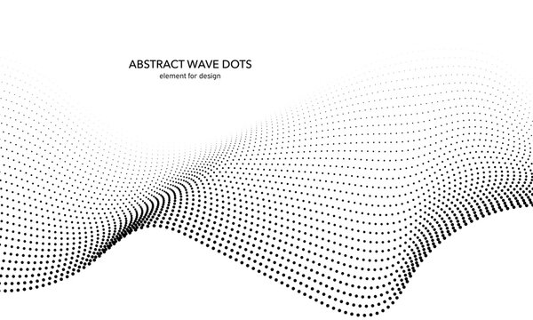 Abstract wave dotted element for design. Stylized line with dot on art background. Waves range with lines dots. Digital frequency track equalizer. Curved smooth wavy string. Vector illustration.