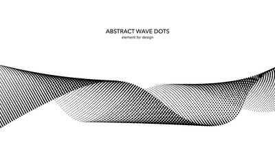 Abstract wave dotted element for design. Stylized line with dot on art background. Waves range with lines dots. Digital frequency track equalizer. Curved smooth wavy string. Vector illustration.