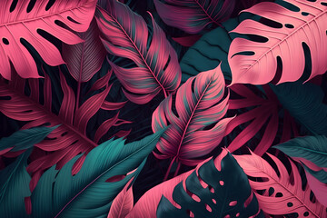 Fresh dark green and pink tropical leaves. Nature background created with Generative AI