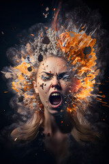 Portrait of a screaming woman with closed eyes. Colorful abstract particles and explosion elements. Generative AI