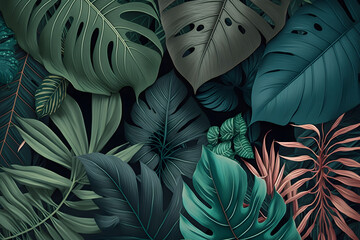 Tropical leaf texture, nature background, green tropical leaves. Generative AI illustration