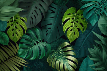 Background of green tropical leaves. Nature lush foliage leaf texture. Generative AI