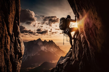 Man climbs up mountain. Climber in the sunlight through the rocks. Generative AI