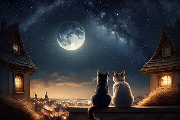 Two cats in love sit near village houses and look at the full moon and the milky way with a sky strewn with stars. White and black cat. Generative AI
