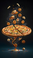 Delicious hot pizza floating in the air and ingredients falling into the pizza, cinematic food photography, dark background. Generative AI