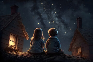 A beautiful Generative AI digital illustration in which two children sit on the roof of a cozy village house with a chimney and look at the night sky full of stars