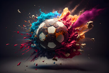 Soccer ball abstract and colorful explosion effect on dark background. Generative AI
