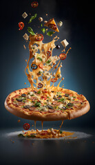 Delicious looking hot pizza flying in the air cinematic food photography. Generative AI