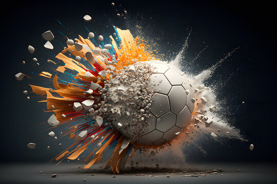 Illustration of soccer sports ball explosion and splash effect on dark background. Generative AI