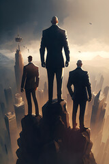 Three businessmen in suits stand on the edge of a high mountain and look at the skyscrapers and the whole city in the distance. Generative AI