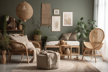 Minimalist living room with design rattan armchair, cushion, plaid, beige macrame on wall, and attractive personal items. Eucalyptus wall. Template. Generative AI