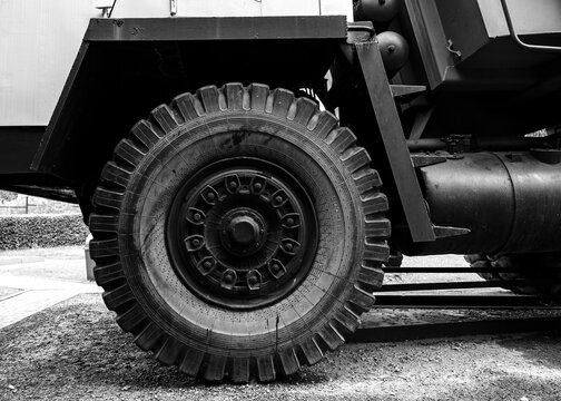Huge wheel of a dump truck with a load capacity of 30 tons, tht was used in the 1980s