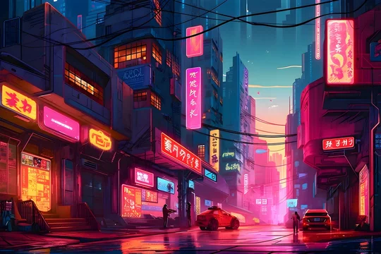 Beautiful Cyberpunk Cityscape with a sunset, Glitchy Animation style, Cyberpunk  Wallpaper/Background, Stock Illustration