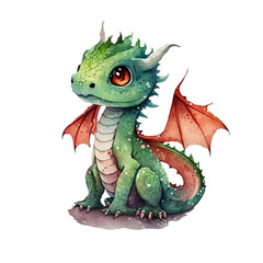 Obraz premium Cute green baby fantasy kawaii dragon with wings watercolor clipart. Generative AI illustration
