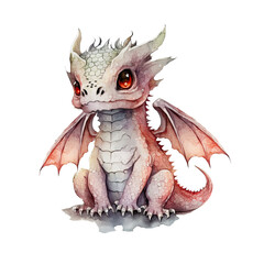 Cute white baby fantasy kawaii dragon with wings watercolor clipart. Generative AI illustration