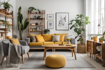 Contemporary boho apartment living room with gray couch, honey yellow cushions and plaid, plants, artwork, and design personal accessories. Interior design. Template. Generative AI
