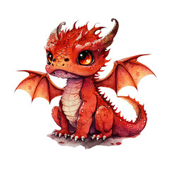 Cute red baby fantasy kawaii dragon with wings watercolor clipart. Generative AI illustration © Milkghost