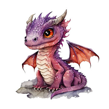 Cute purple baby fantasy kawaii dragon with wings watercolor clipart. Generative AI illustration