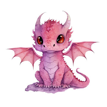 Cute pink baby fantasy kawaii dragon with wings watercolor clipart. Generative AI illustration