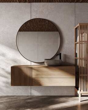 Contemporary bathroom interior in stone and wooden materials