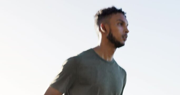 Mockup, fitness and man running, training and exercise for cardio, energy and healthy lifestyle. Latino male runner, athlete and guy outdoor, run and workout for wellness, marathon and challenge
