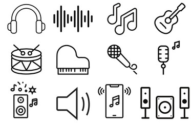 Simple set of music related vector line icons. Contains Icons like Guitar, Treble piano, In-ear Headphones, mic and more. Editable strokes.