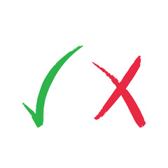 Green check and red cross icon sign isolated on plain white square background. Agree or disagree, right or wrong, yes or no sign. Simple flat bold brush stroke icon with grunge texture.