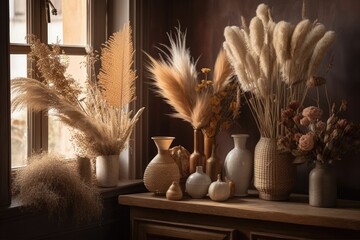 Pampas grass and lunaria are bouquets for interior design. Flowers dried. Boho chic house decor. Boho holiday picture zone. Concentration. Generative AI