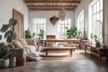 Wooden farmhouse living and dining room, blurred backdrop. Cloth couch, table, chairs, and décor. Modern decor,. Generative AI