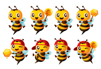 Cartoon cute happy bee character set with different poses. Cute Bee holding honey dripper and honeycomb stick and showing victory hand sign. Bee ultimate mascot set